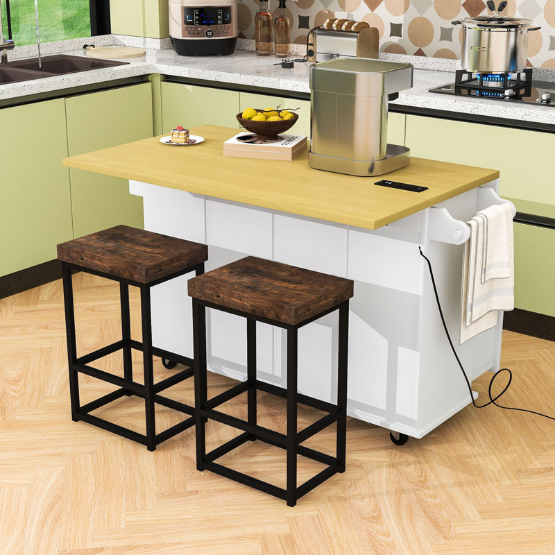 Adda Rustic Storage Kitchen Island Set with Expandable Drop-Leaf Tabletop and 2 Stools, White
