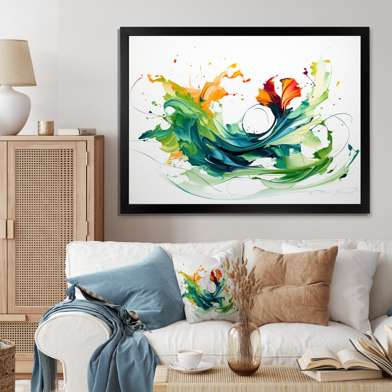 Peinture abstraite verte et blanche VI - Art mural abstrait, Cadre d'angle fermé noir, H 34 po x l 44 po x P 1,5 po
