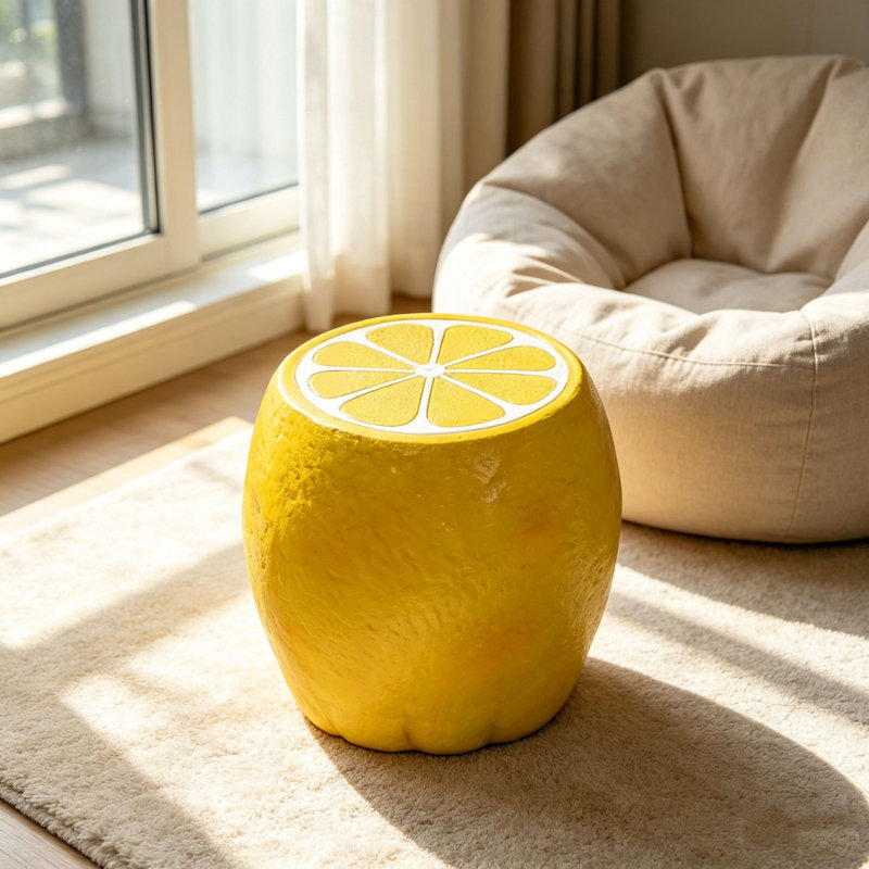 Tabouret jaune citron, sculpture de jardin