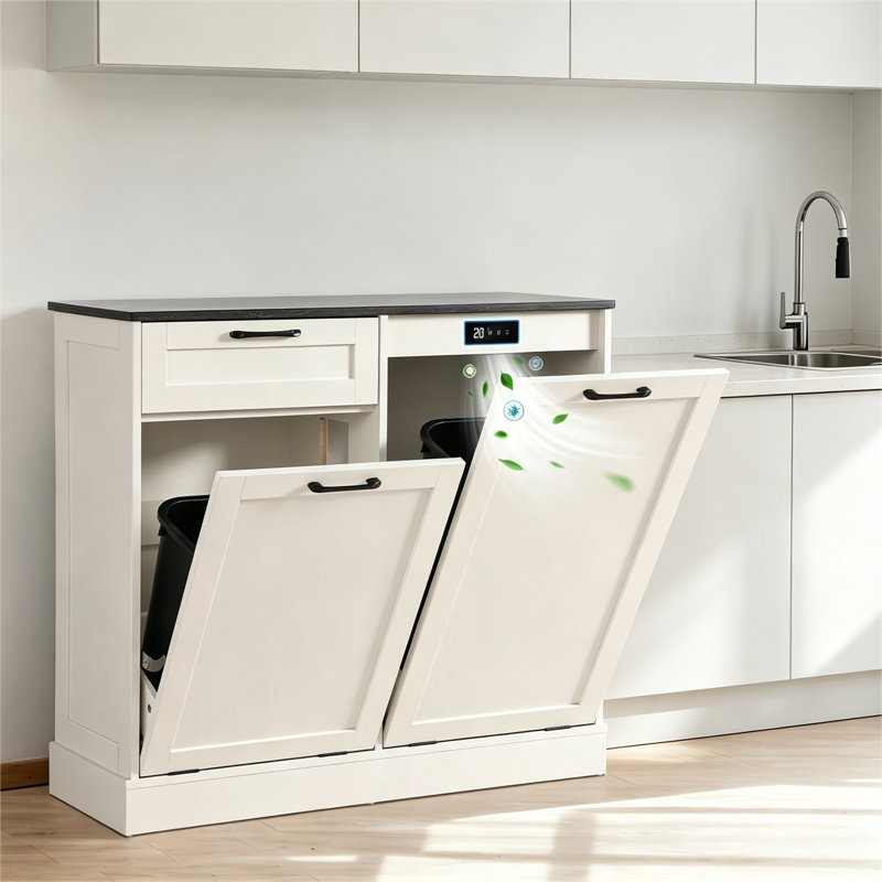 Armoire à poubelle inclinable, armoire à poubelle pour la cuisine, armoire en bois avec poubelle escamotable