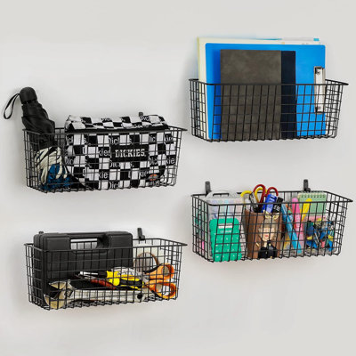 4 Set EXTRA LARGEHanging Wall Mount Storage Baskets with Adhesive Hooks & Steel Hooks, Multiuse Sturdy Wire Metal Organizing Baskets for Home Kitchen Bathroom Pantry Utility Organizer, Black