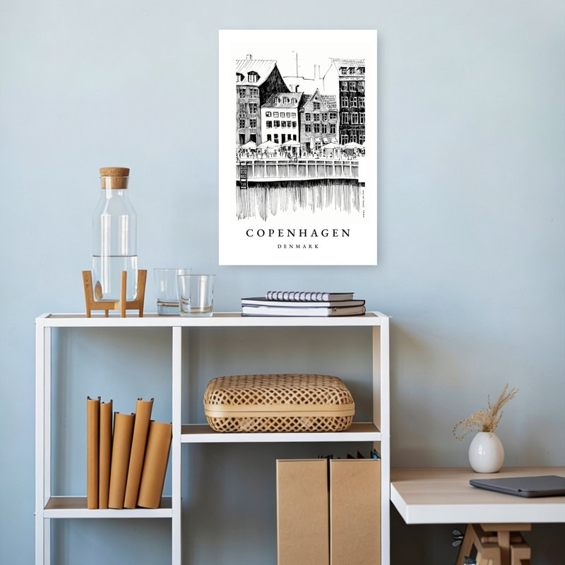 Croquis de front de mer de Copenhague, art contemporain abstrait, reproduction d'art mural, H 18 po x l 12 po