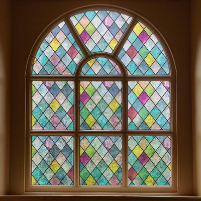 Film de vitrail pour fenêtre, films d'intimité pour fenêtre, teinte de fenêtre en treillis coloré, autocollants en verre arc-en-ciel pour la maison anti-UV 17,3 x 118 pouces