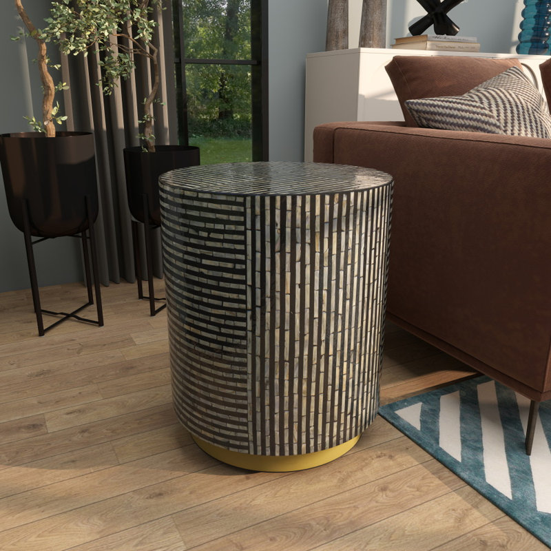 Baird Pearl Barrel End Table, Black/Ivory, 22.5"H x 17.75" W x 17.75" D