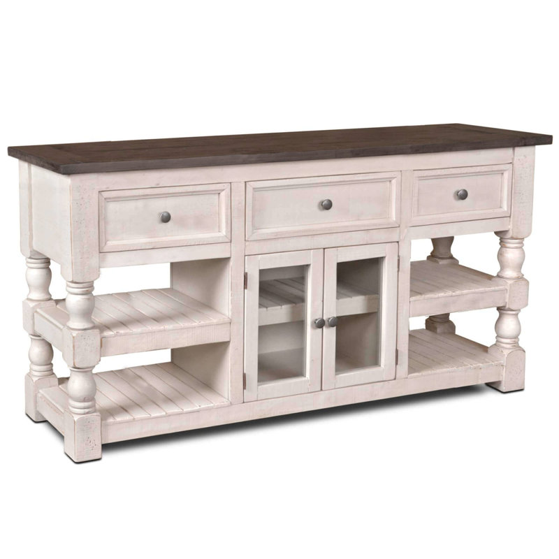 Cottage White Brown Rustic French 70'' Media Console with Storage