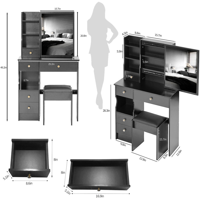 Small Size Left Drawer Desktop Vanity Table + Cushioned Stool, Extra Large Sliding Mirror, Multi Layer, High Capacity Storage Fashionable Dresser, Suitable For Small Space, EPA,GCC,UL Certificate