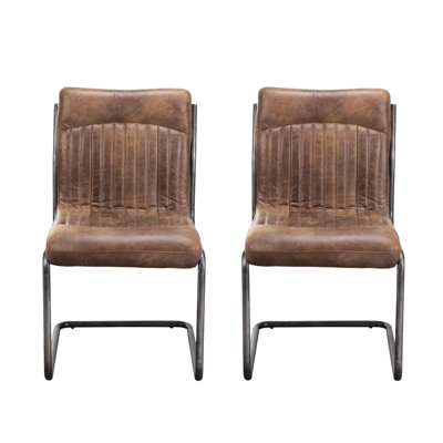Set of Two Brown and Black Leather Dining Side Chairs