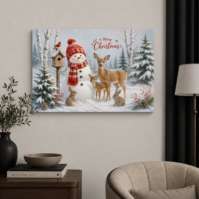 «Christmas Snowman Deer Woodland», reproduction de toile de crèche, impression encadrée sur toile, Toile tendue