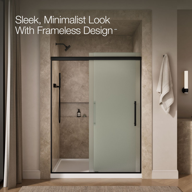 Pleat Frameless Sliding Shower Door, 79-1/16 In. H X 54-5/8 - 59-5/8 In. W, With 5/16 In. Thick Frosted Glass, Black
