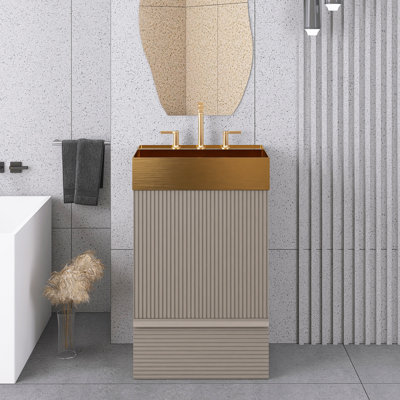 20" Freestanding Bathroom Vanity In Beige With Integrated Brushed Gold 304 Stainless Steel Sink Top