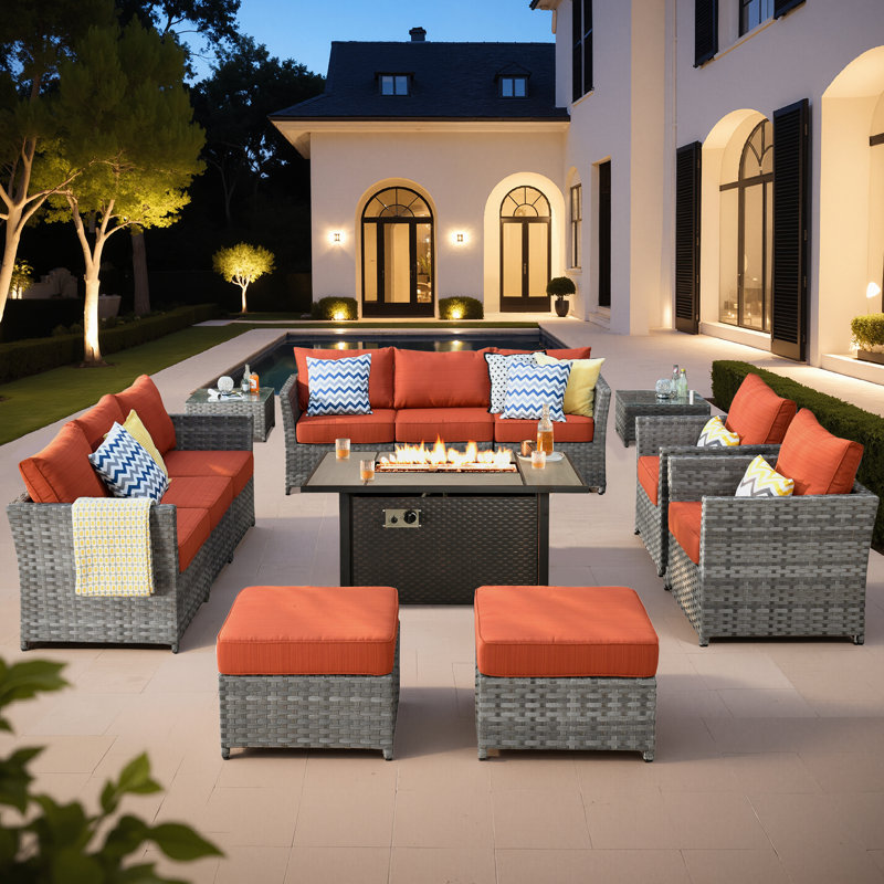 Ensemble modulaire d'extérieur en osier résistant aux intempéries pour 10 personnes avec coussins et foyer, Orange-rouge