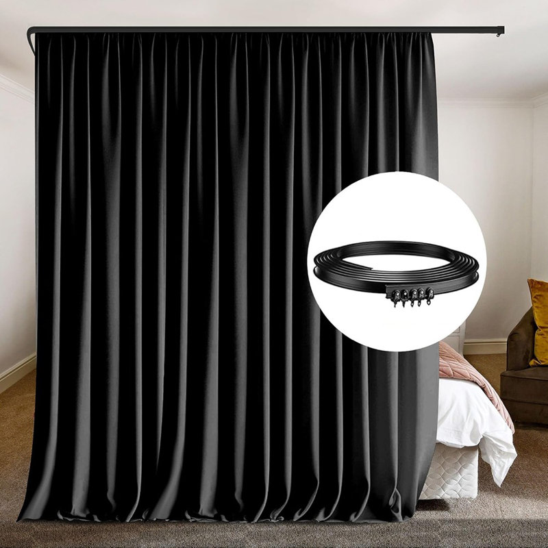 Room Divider Curtain With Ceiling Curtain Track Set Blackout Privacy Thermal Insulated Noise Reduced Track System,15 Ft W X 9 Ft H, Black, 1 Panel