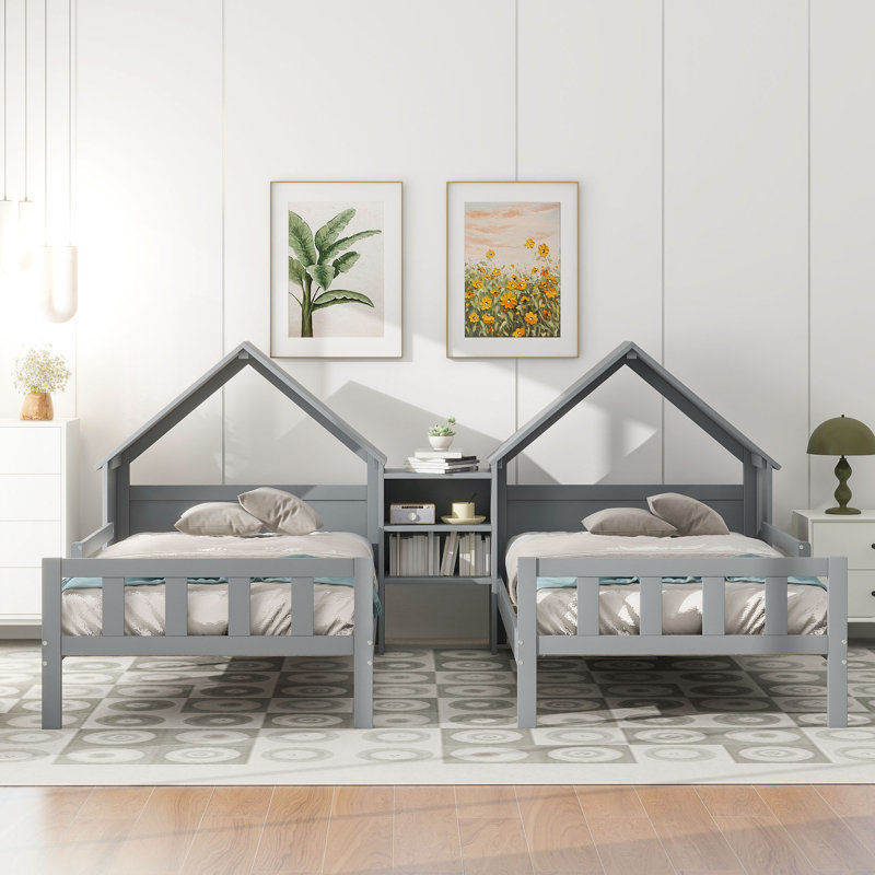  Lit plateforme simple double avec tête de lit en forme de maison et table de chevet intégrée, gris, gris