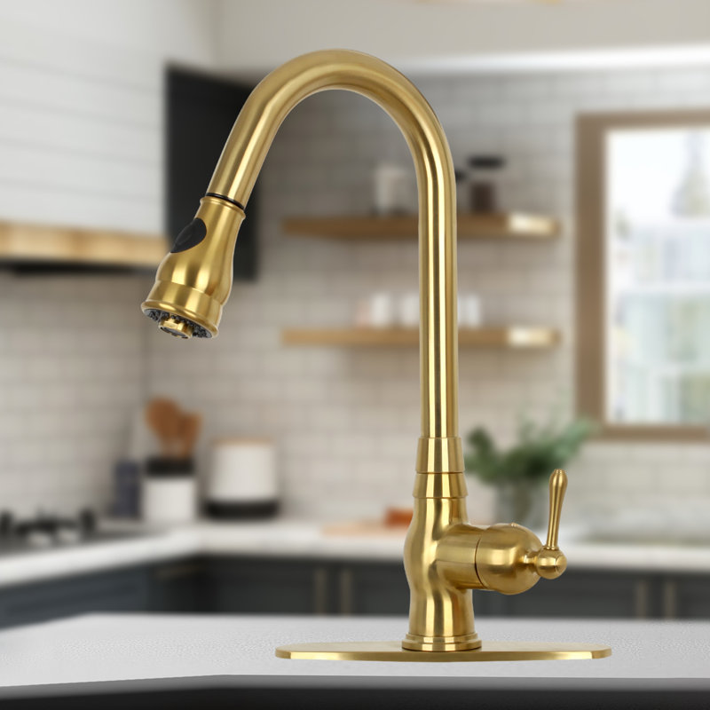 Copper Pull Down Kitchen Faucet with Single Handle Deck Plate Included, Brushed Gold