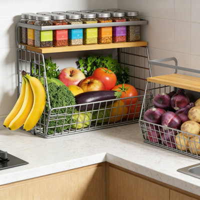 Magnetic Storage Shelf For Refrigerator And Metal Surfaces, Large Capacity Tiered Organizer Bin With Wood Lid For Kitchen Pantry, Counter, And Cabinet
