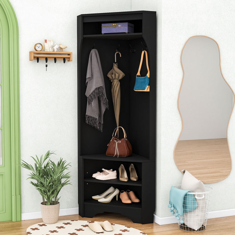 Modern Corner Coat Rack with Shoe Bench & Storage, Black