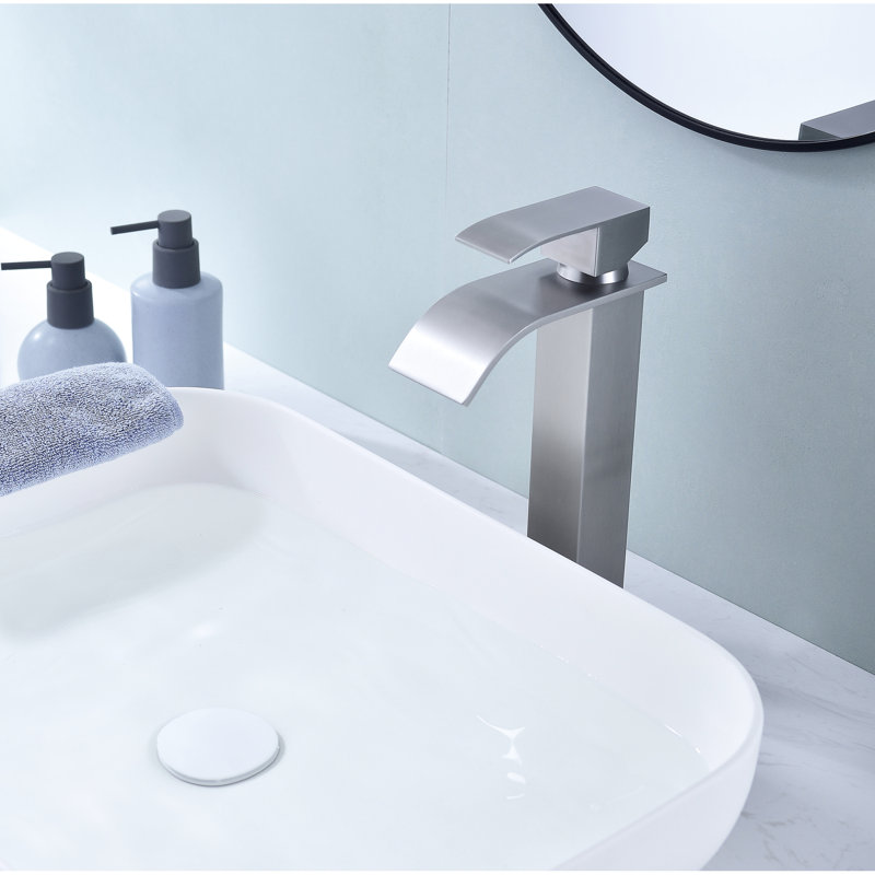 Single Handle Bathroom Sink Faucet - Waterfall Spout, Stainless Steel Made, Pop-Up Drain, Brushed Nickel Plating Spout Model, Steel, Handle, Finish
