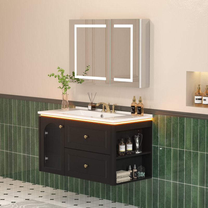 36＂Single Floating Bathroom Vanity With Sink, Wall Mounted Vainty With Motion-Sensor Led Night Light, Black