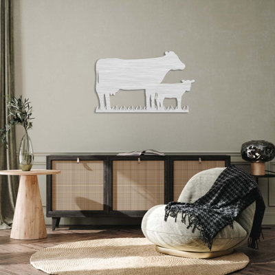 Cow Family Metal Wall Art - Farm Animal Wall Decor - Rustic Farmhouse Cow Silhouette Design - Barnyard Scene Wall Hanging - Modern Industrial Metal Sculpture - Country Home Decoration - Large Statement Art Piece