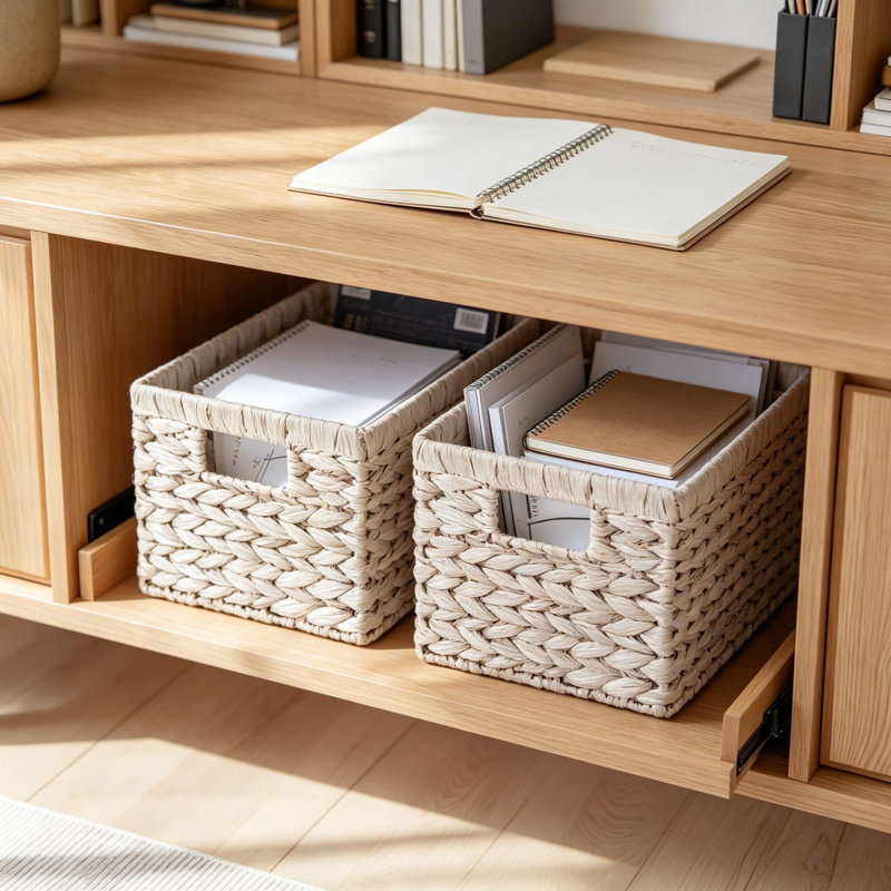 Paniers de rangement en osier pour l'organisation, paniers en jacinthe d'eau tissés à la main avec poignées, paniers robustes et durables pour l'organisation à la maison, blanc naturel, ensemble de 2