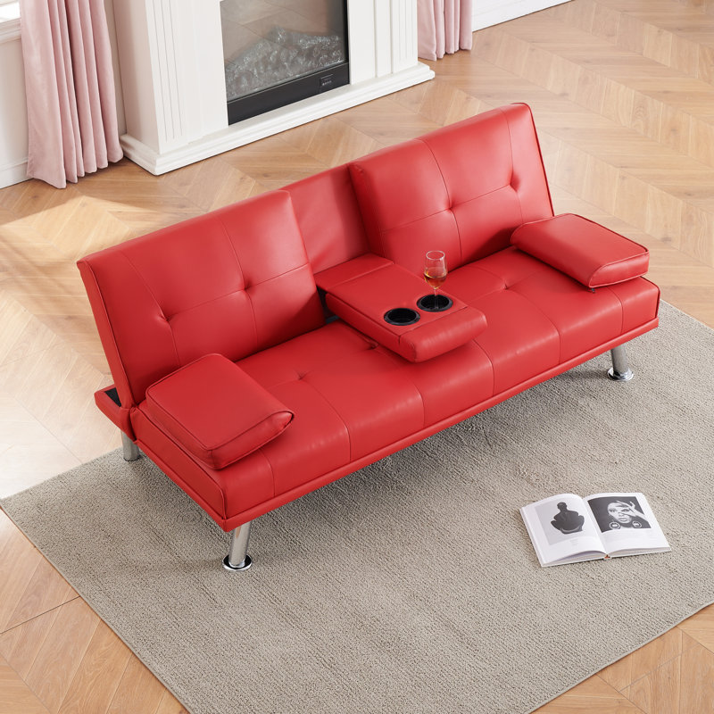 Canapé-lit pliant double en cuir rouge 67 pouces avec table basse pour bureau