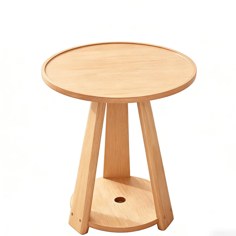 Solid Wood Round End Table with Triangular Support – 2-Tier Small Side Table