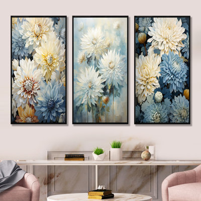 Blooming Mums in Beige and Blue - Ensemble de salon mural 3 pièces Mums