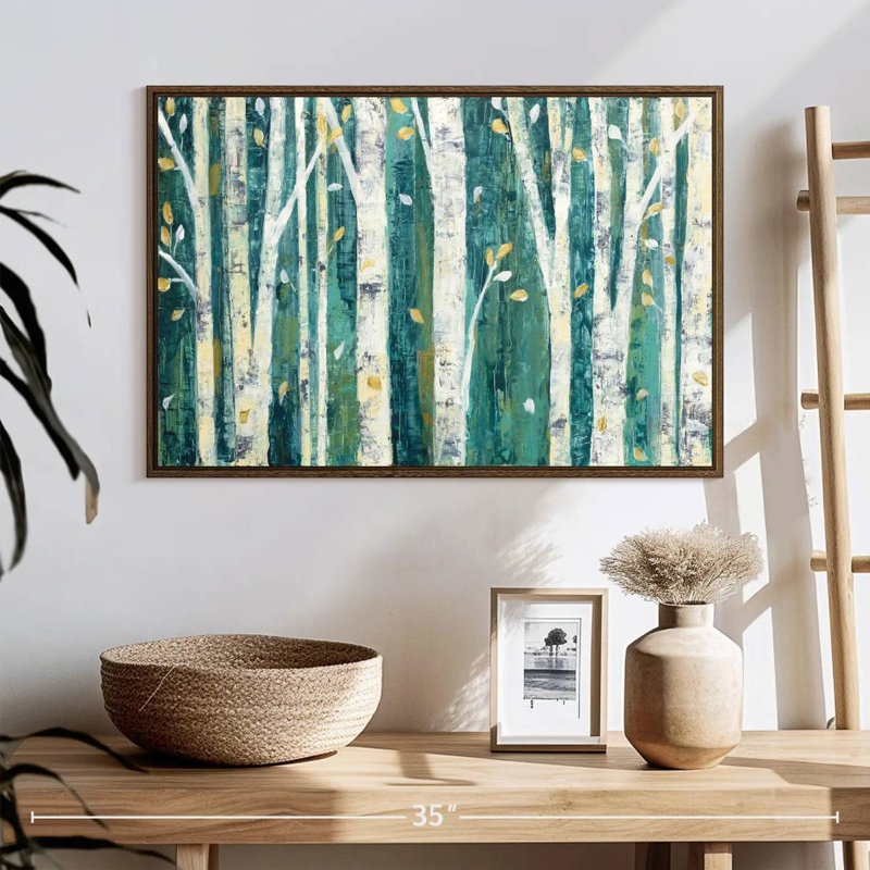 Bouleaux au printemps III, 25 po x 17 po, Cadre flottant en noyer