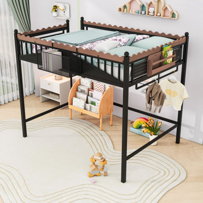 Metal Loft Bed with Built-In Shelves, Ladder and Guardrails