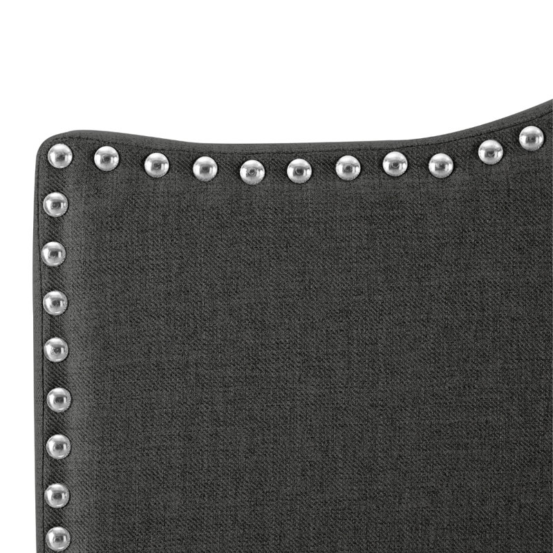 Tête de lit tapissier à garniture cloutée en tissu de lin, pieds en métal, Double, Gris foncé