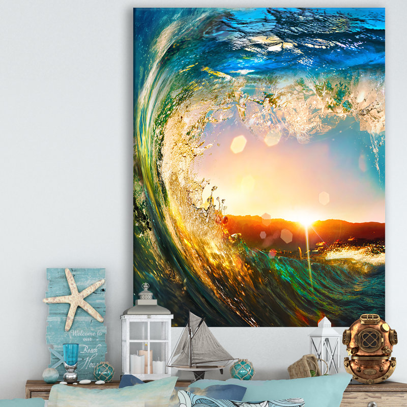Vagues de l'océan colorées tombant vers le bas - art mural moderne en métal brillant bord de mer, H 40 po x l 20 po x P 1 po