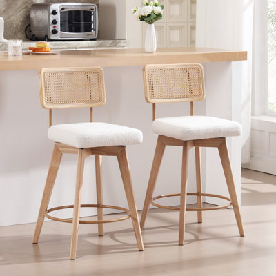 Uniondale Modern Coastal Swivel Teddy Bouclé Upholstered 26.2'' Counter Stool with Rattan Cane Back and Solid Wood Frame