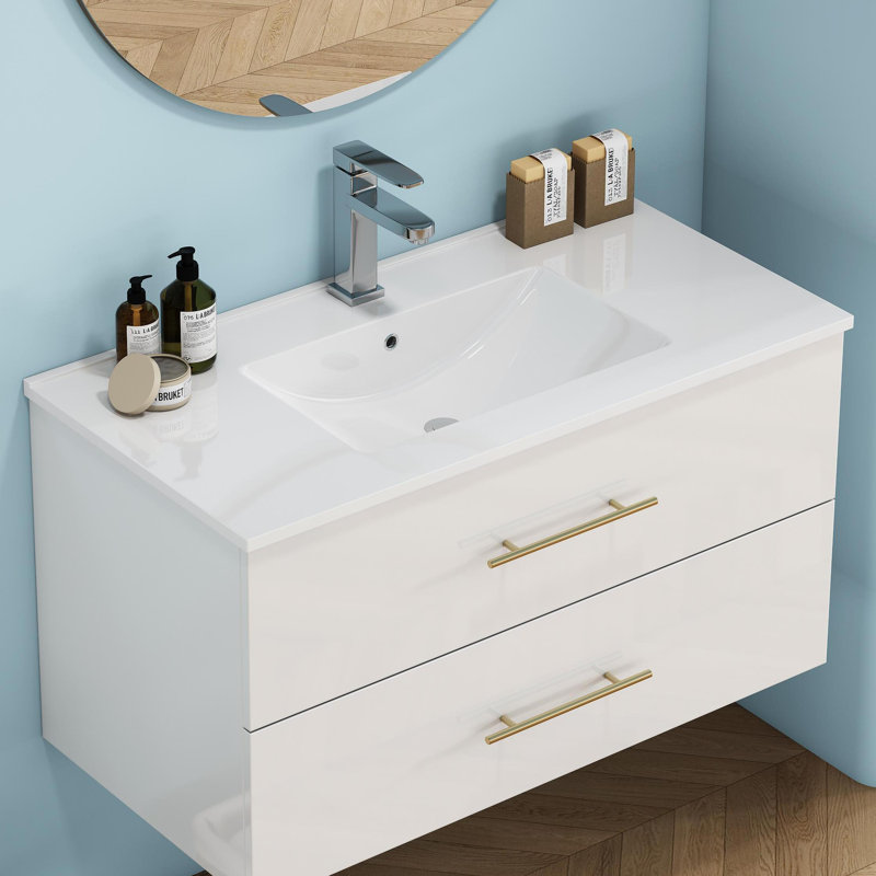 36-inch White Ceramic Bathroom Sink - Fits 36-inch Vanity, Pre-drilled Faucet Hole, Sleek Minimalist Aesthetic, Durable & Easy To Clean