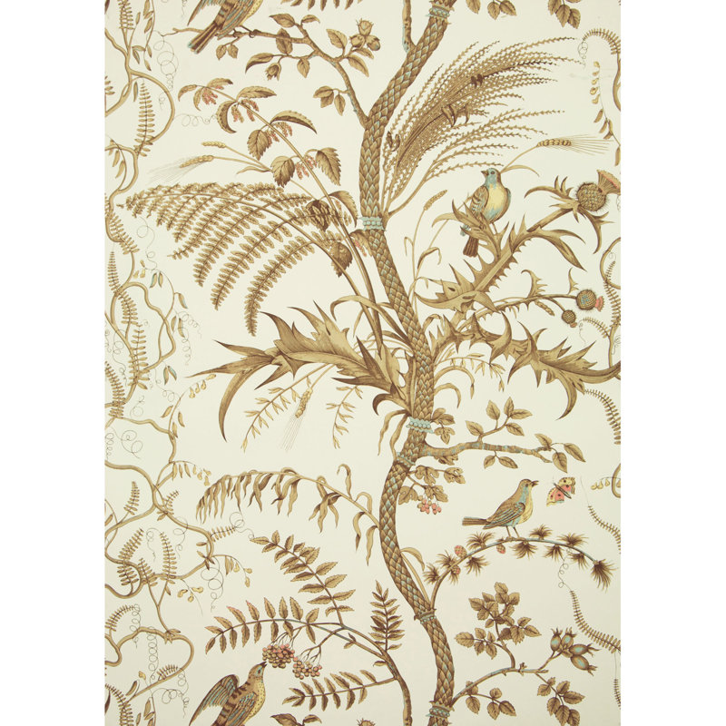 Bird and Thistle 30' L x 27" W Wallpaper Roll, Beige