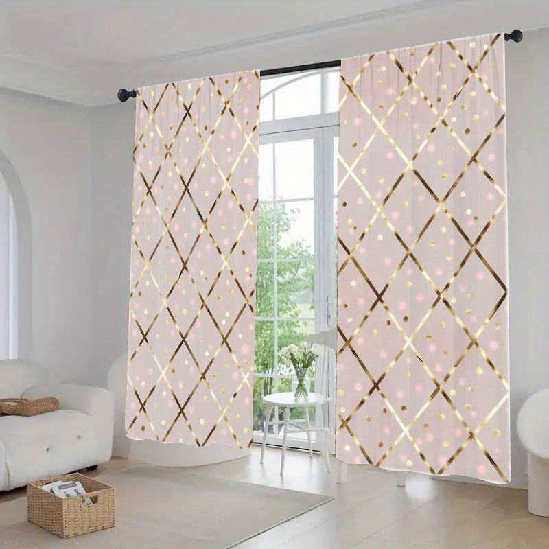 Rideaux de fenêtre roses à motif géométrique 2 pièces, rideaux à motif de losanges dorés modernes pour le salon, la salle à manger, les panneaux de traitement avec passe-tringle