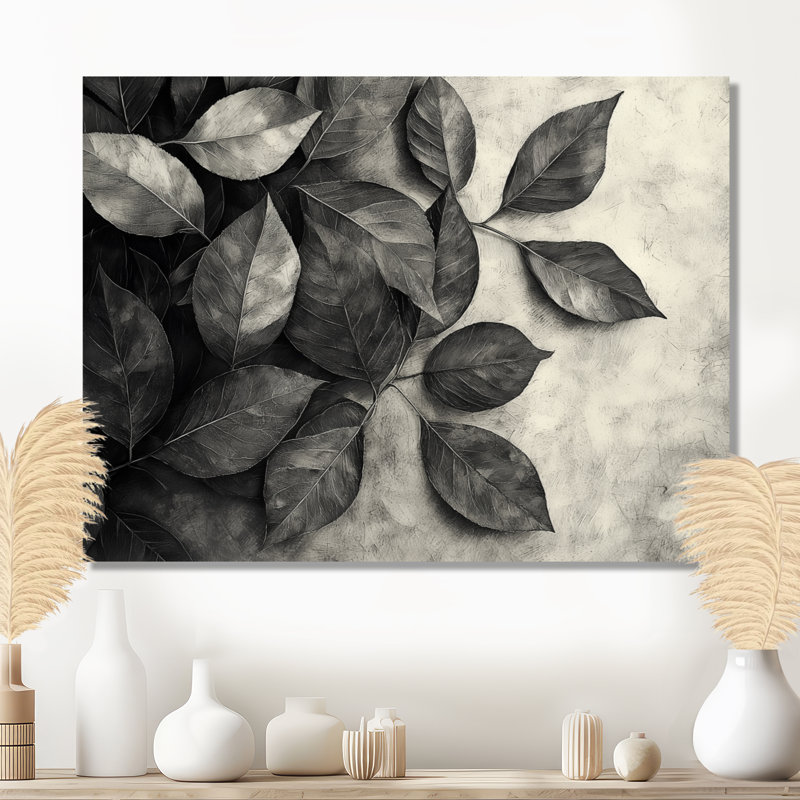 «Grey Rustling Autumn Leaves I», reproduction d'art traditionnelle en métal, feuilles, décoration murale en métal