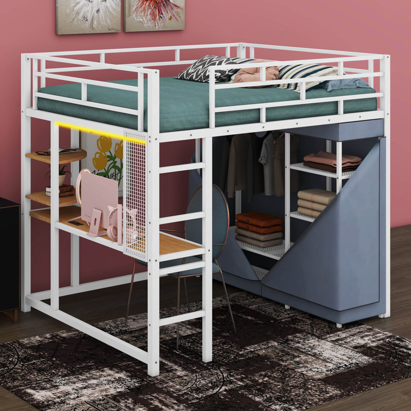 Lit mezzanine en métal avec bureau, tablettes et garde-robe, Double, Blanc