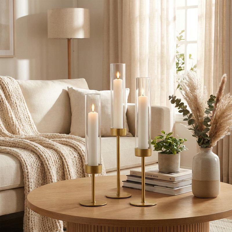 Ensemble de 3 bougeoirs ouragan, chandeliers en verre à base en fer, hauteurs étagées pour centre de table de mariage