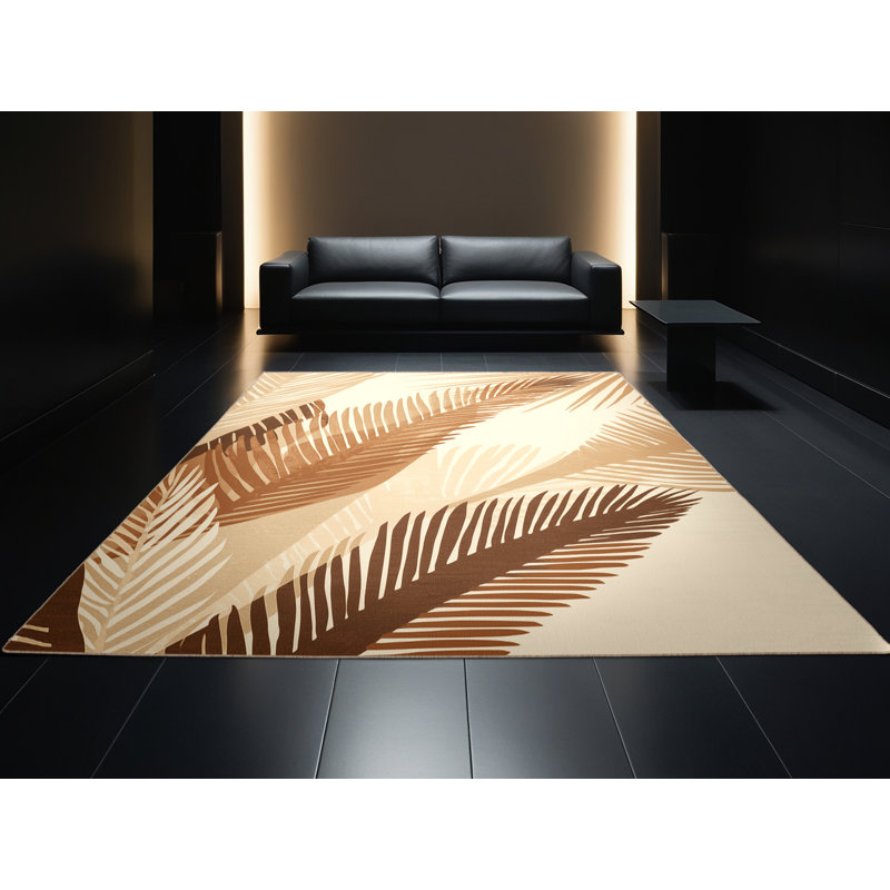 Tapis abstrait moelleux et moelleux en palmier Durso Beach - beige, 6 po de diamètre