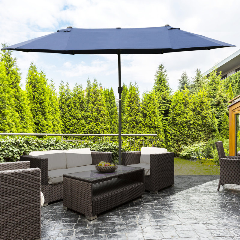 Parasol de patio bleu foncé de 15 pi, matériau rectangulaire en acier, manivelle facile, double face pour le jardin, déchirure au bord de la piscine,