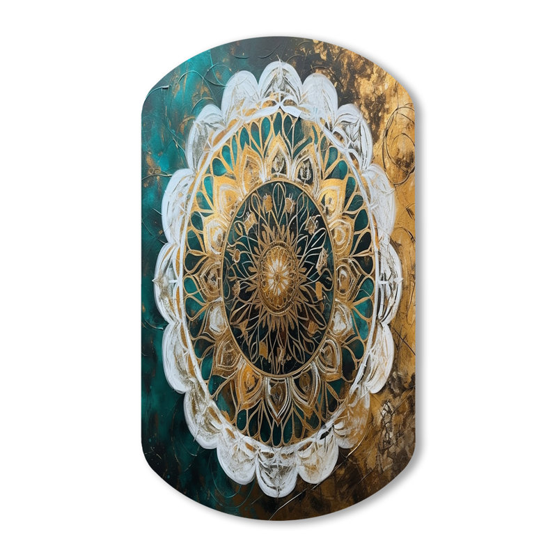 Sarcelle et or Mandala I - impression de cylindre mandala boho sur métal, décoration murale asymétrique traditionnelle en métal