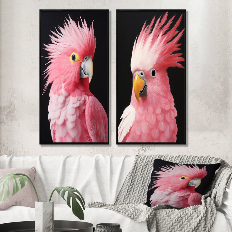 Perroquet rose au paradis I - ensemble de 2 impressions sur toile perroquet, Cadre noir, H 40 po x l 41 po
