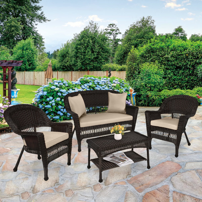 Cecilton 4 Piece Rattan Sofa Seating Group , Espresso, Beige