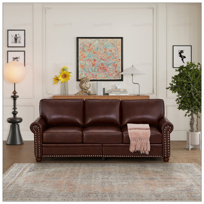 Classic Living Room Faux Leather Sofa With Nails Decoration And Storage, Durable And Comfortable For Modern Homes