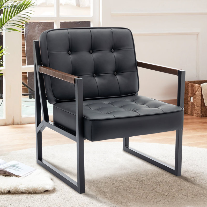 Modern Faux Leather button-tufted design Accent Chair with Metal Farme 110° Recline, Black Faux Leather