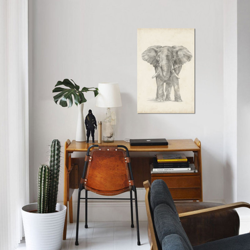 Éléphant croquis II - impression sur toile tendue, H 40 po x l 26 po x P 1,5 po, Pas de tapis, Toile tendue