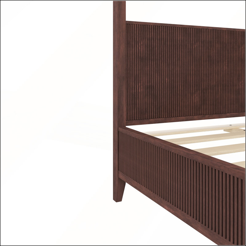 Grand lit plateforme à baldaquin en bois avec conception cannelée élégante et lattes de soutien, finition espresso, Espresso