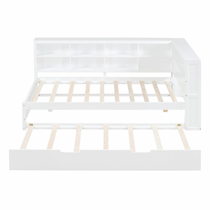 Wooden DayBed with Trundle, Storage Shelf & USB Charging Ports – Solid Pine & MDF, Grey/White, No Box Spring Needed, White