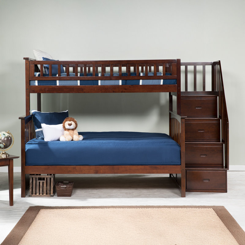 Flinn Kids Solid Wood Staircase Bunk Bed, Twin over Full, Walnut