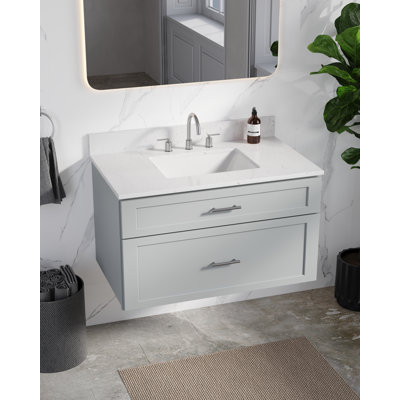 36" Floating Wall Mounted Single Bathroom Vanity With Carrara Quartz Top